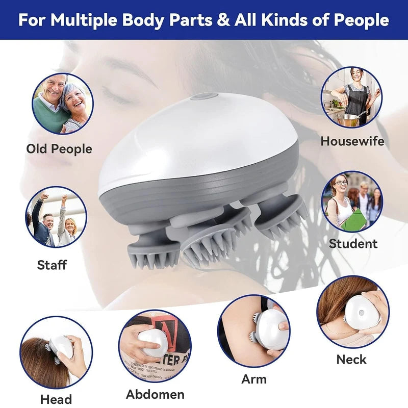 Electric Scalp & Body Massager – Portable USB Rechargeable with 4 Heads