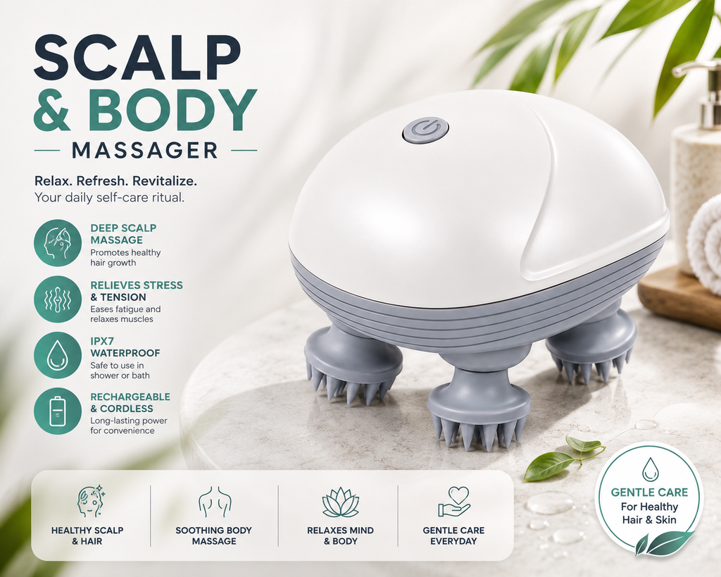 Electric Scalp & Body Massager – Portable USB Rechargeable with 4 Heads